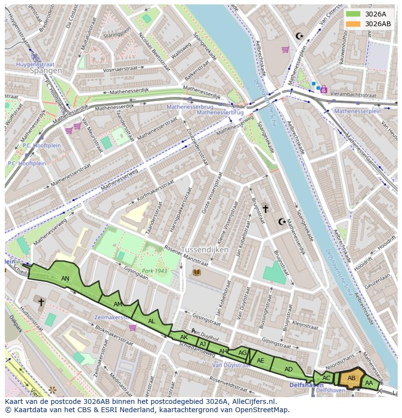 Afbeelding van het postcodegebied 3026 AB op de kaart.