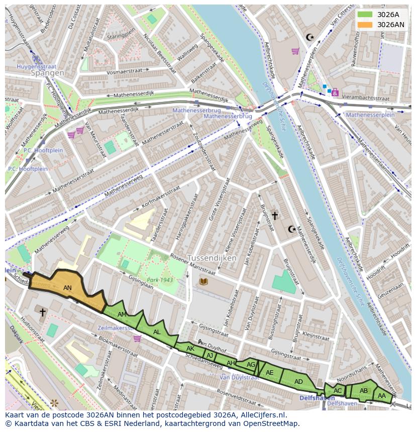 Afbeelding van het postcodegebied 3026 AN op de kaart.