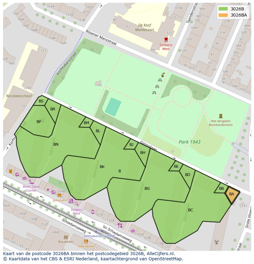 Afbeelding van het postcodegebied 3026 BA op de kaart.