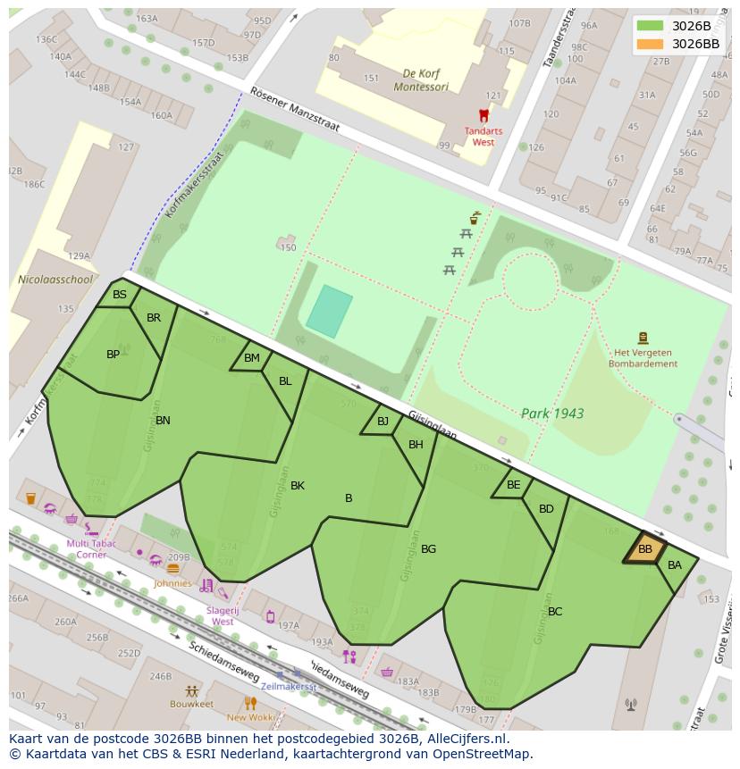 Afbeelding van het postcodegebied 3026 BB op de kaart.