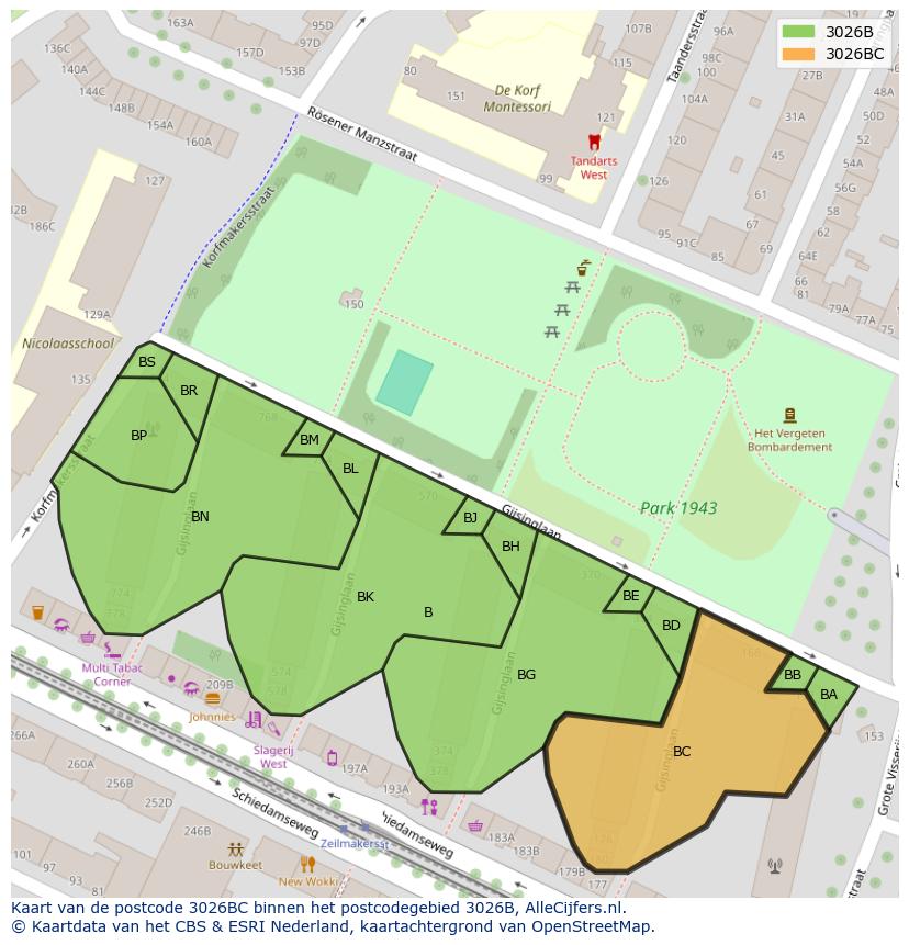 Afbeelding van het postcodegebied 3026 BC op de kaart.