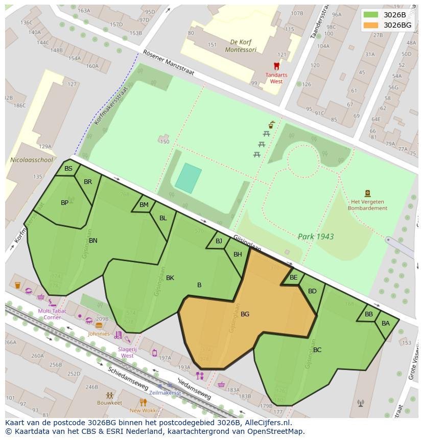 Afbeelding van het postcodegebied 3026 BG op de kaart.