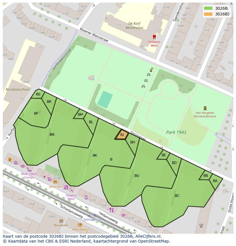 Afbeelding van het postcodegebied 3026 BJ op de kaart.