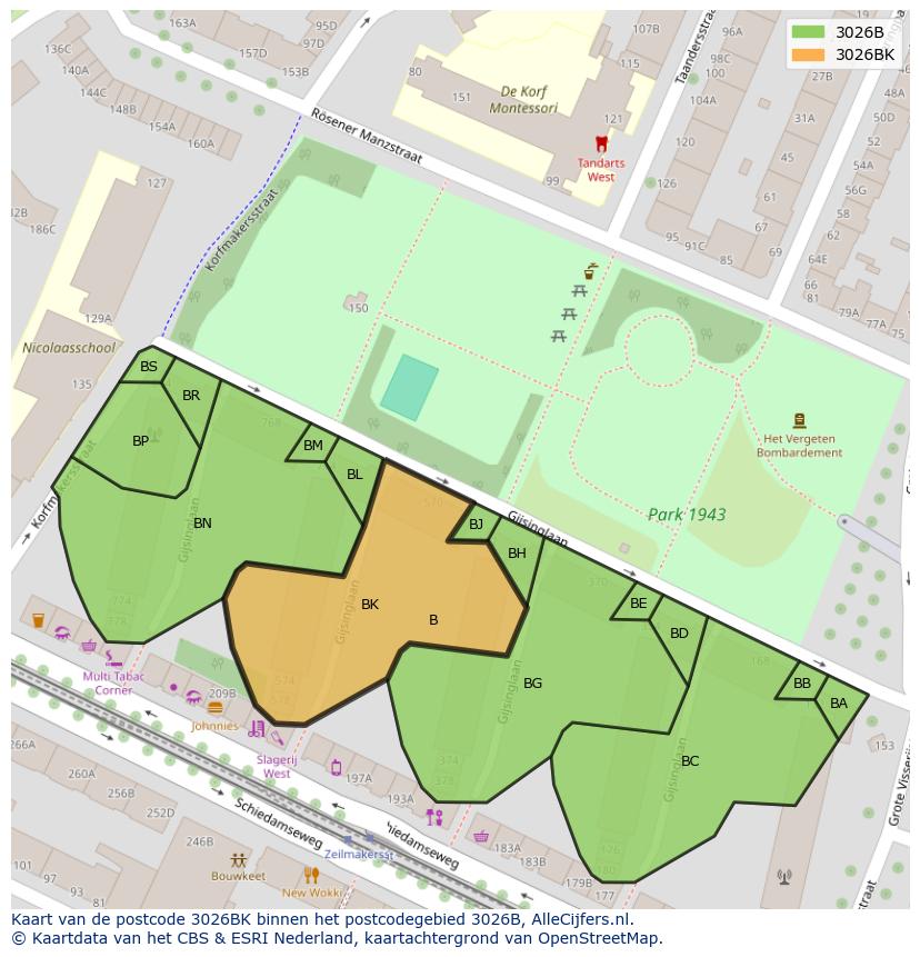 Afbeelding van het postcodegebied 3026 BK op de kaart.