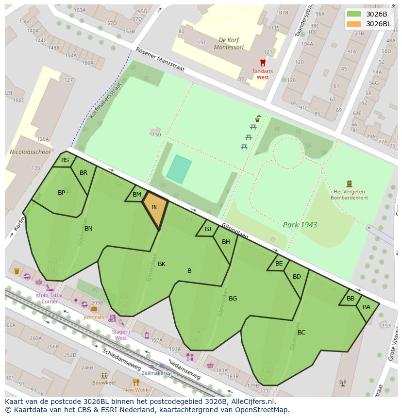 Afbeelding van het postcodegebied 3026 BL op de kaart.
