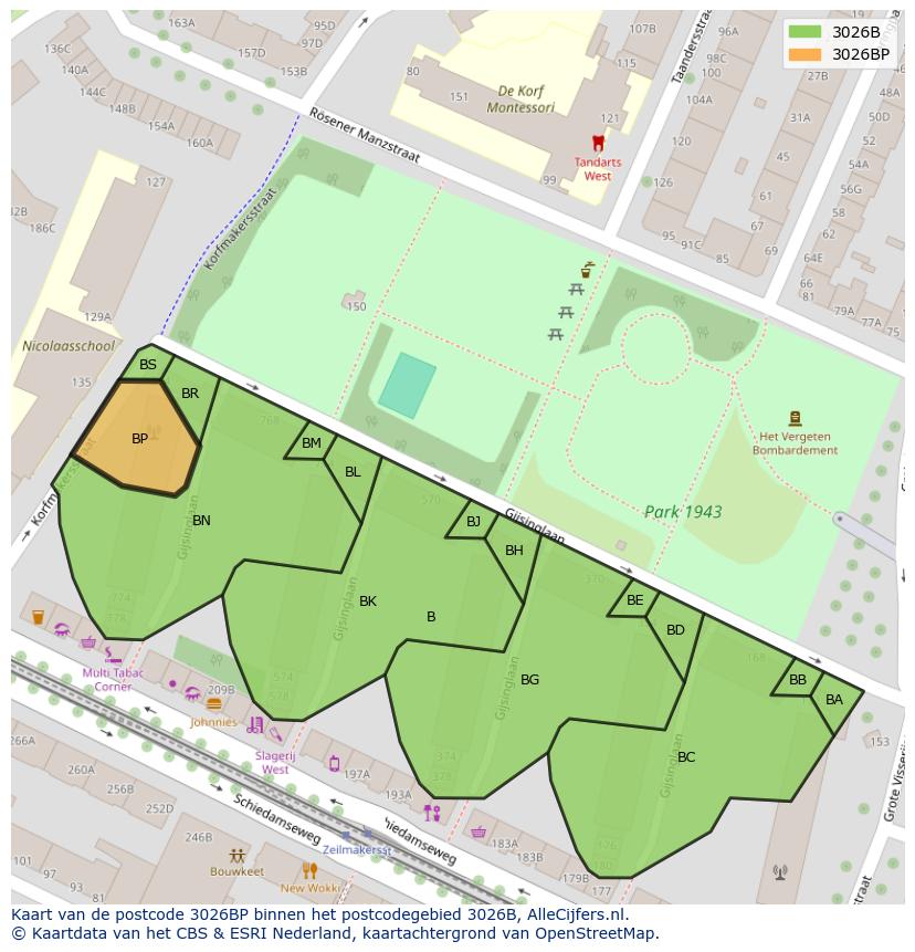 Afbeelding van het postcodegebied 3026 BP op de kaart.