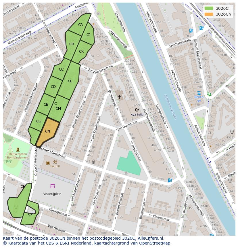 Afbeelding van het postcodegebied 3026 CN op de kaart.