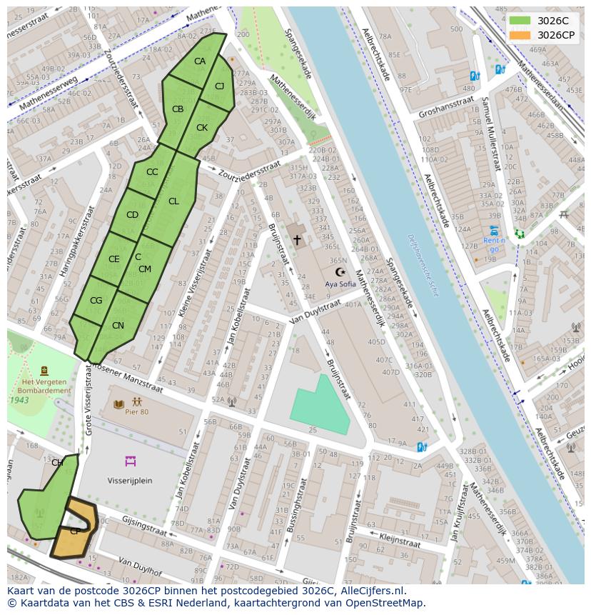 Afbeelding van het postcodegebied 3026 CP op de kaart.