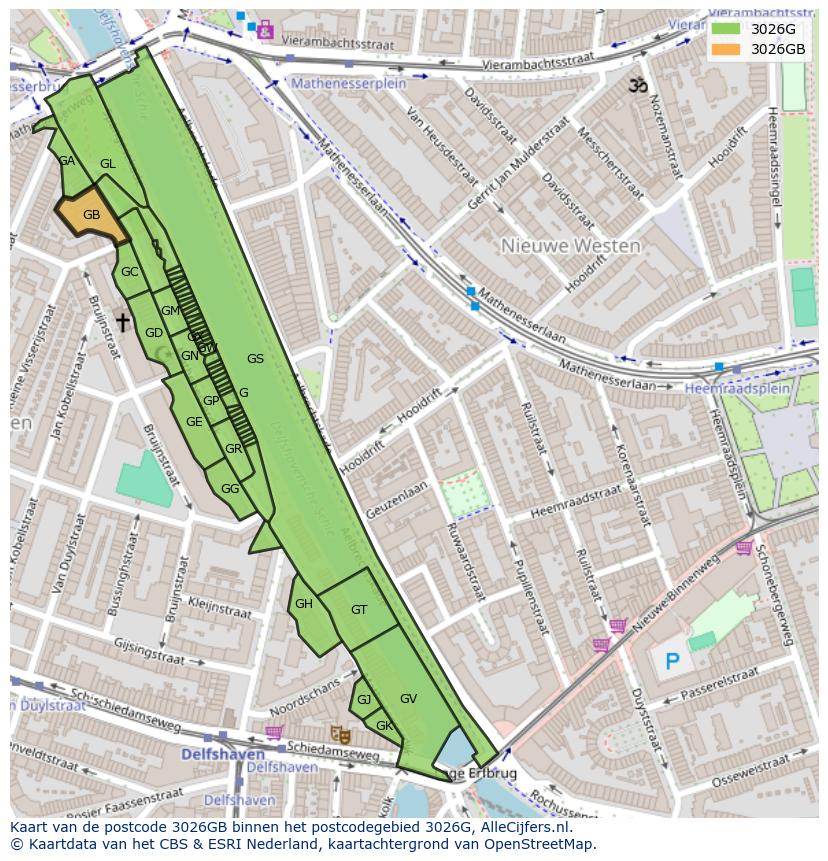 Afbeelding van het postcodegebied 3026 GB op de kaart.