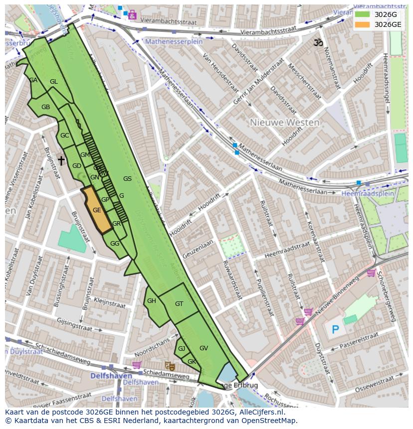 Afbeelding van het postcodegebied 3026 GE op de kaart.