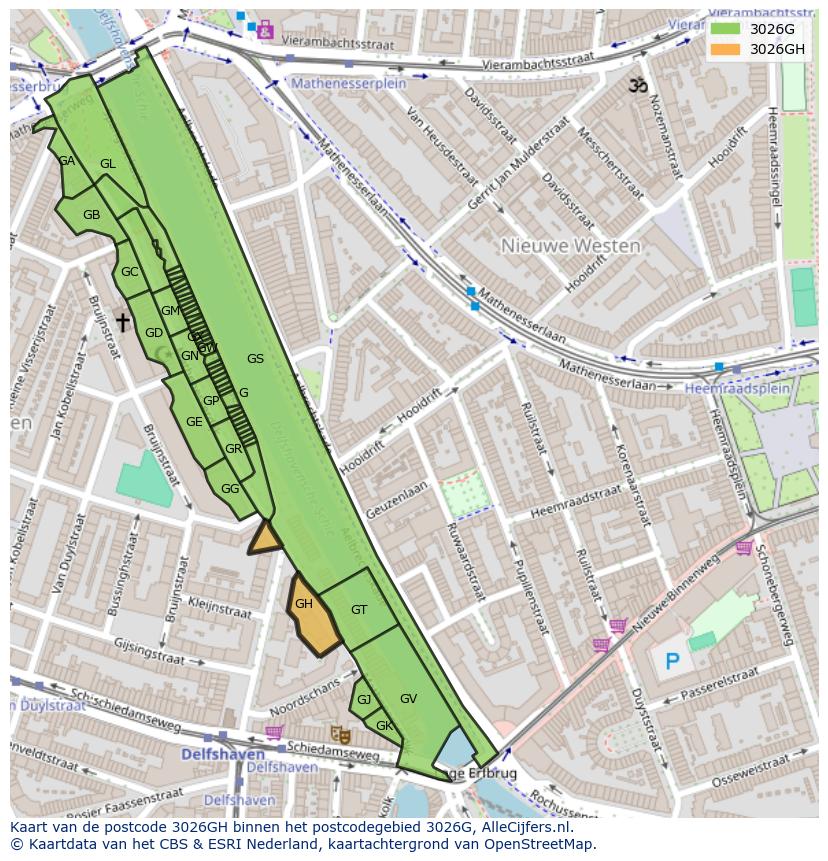 Afbeelding van het postcodegebied 3026 GH op de kaart.