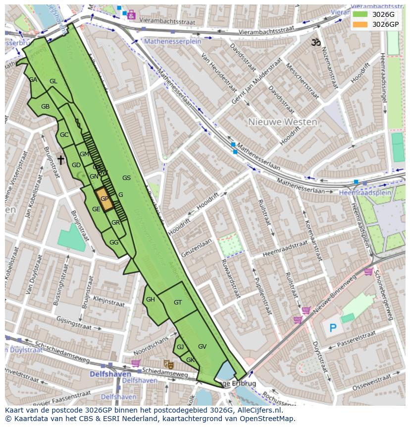 Afbeelding van het postcodegebied 3026 GP op de kaart.