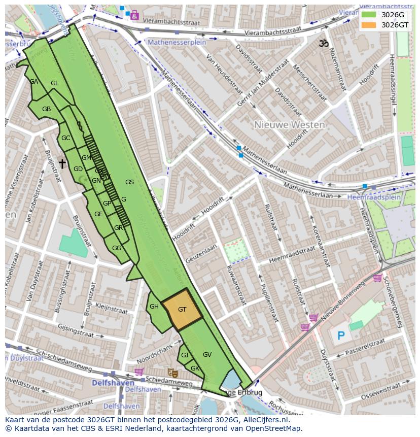 Afbeelding van het postcodegebied 3026 GT op de kaart.