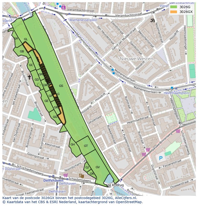 Afbeelding van het postcodegebied 3026 GX op de kaart.