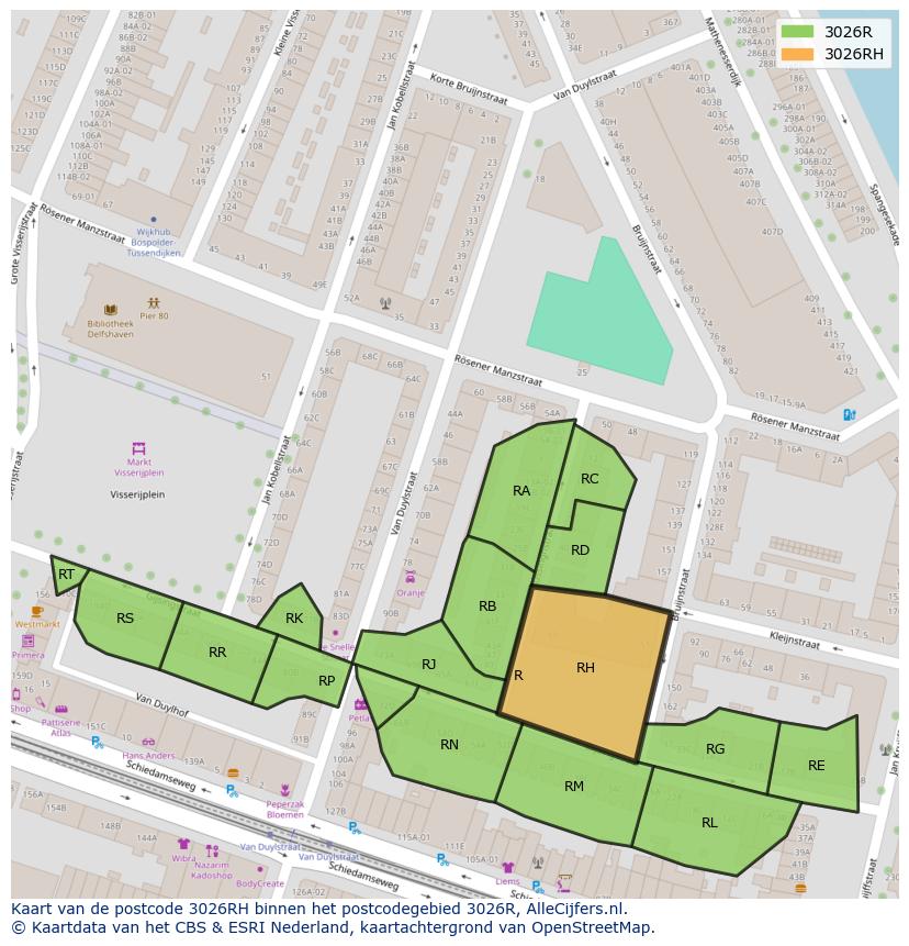 Afbeelding van het postcodegebied 3026 RH op de kaart.