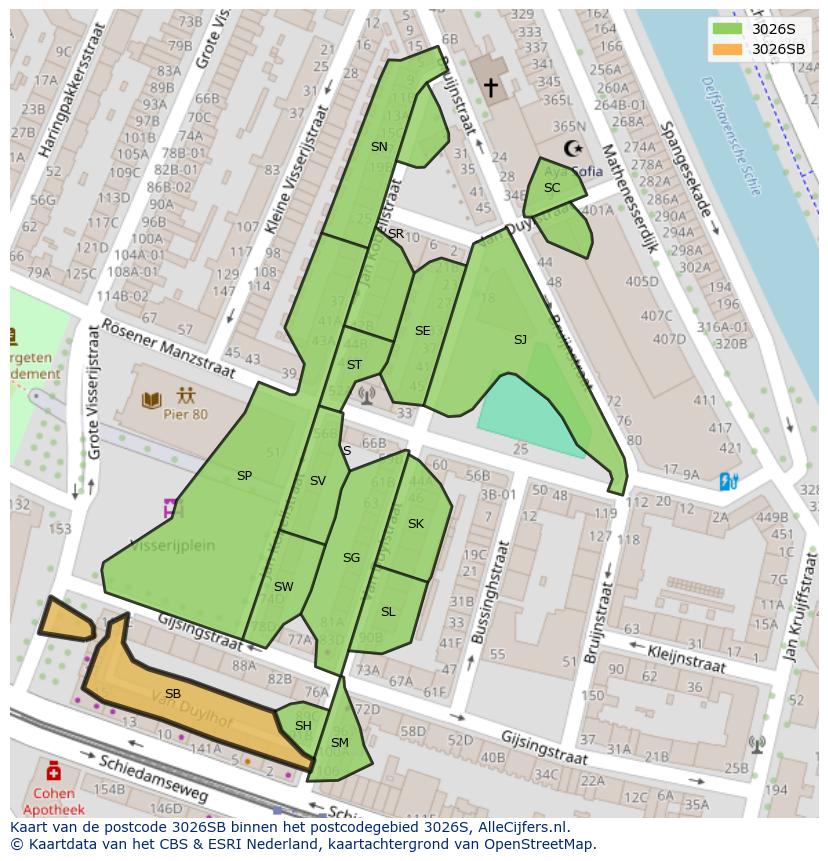 Afbeelding van het postcodegebied 3026 SB op de kaart.