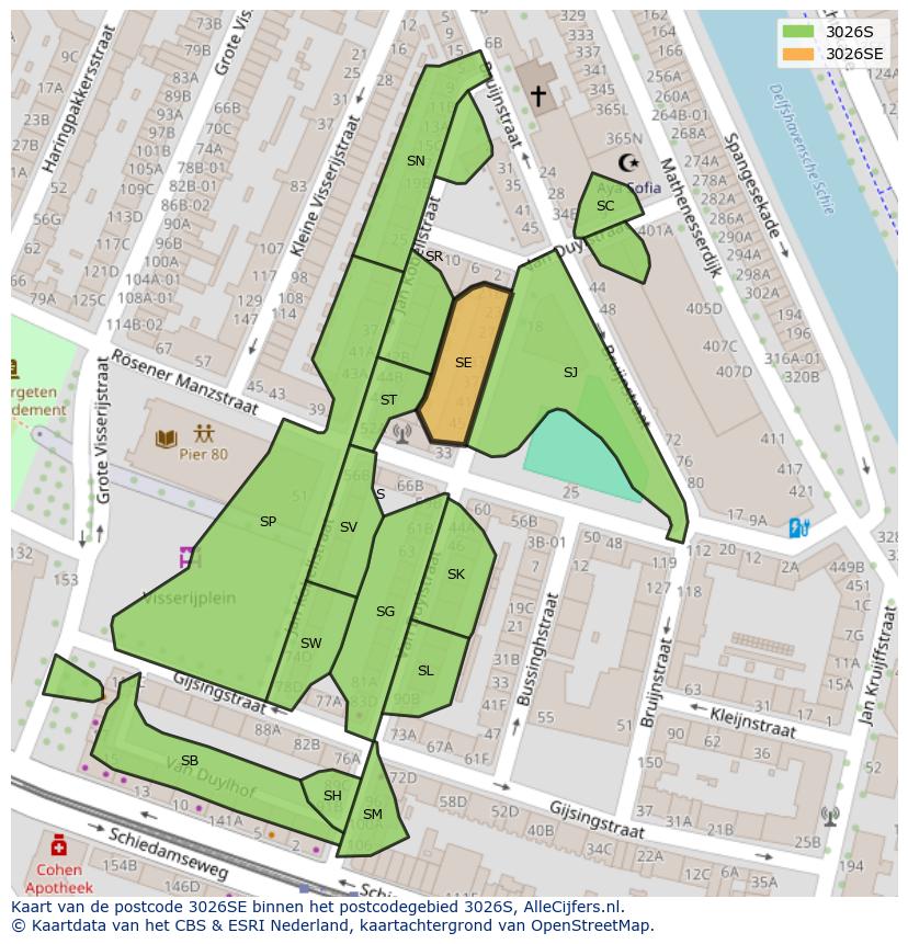 Afbeelding van het postcodegebied 3026 SE op de kaart.