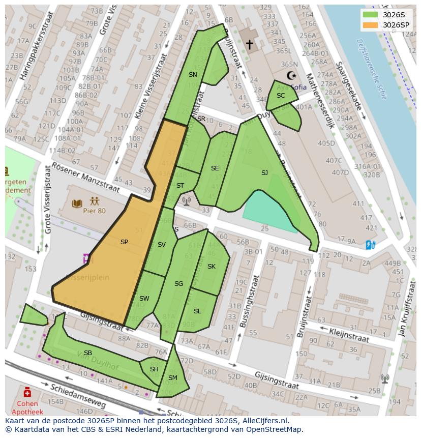 Afbeelding van het postcodegebied 3026 SP op de kaart.