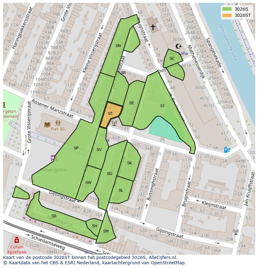 Afbeelding van het postcodegebied 3026 ST op de kaart.