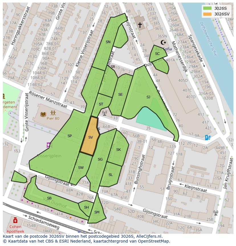 Afbeelding van het postcodegebied 3026 SV op de kaart.