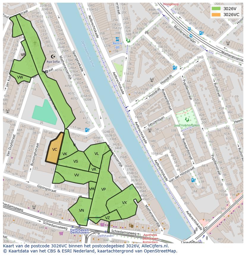 Afbeelding van het postcodegebied 3026 VC op de kaart.