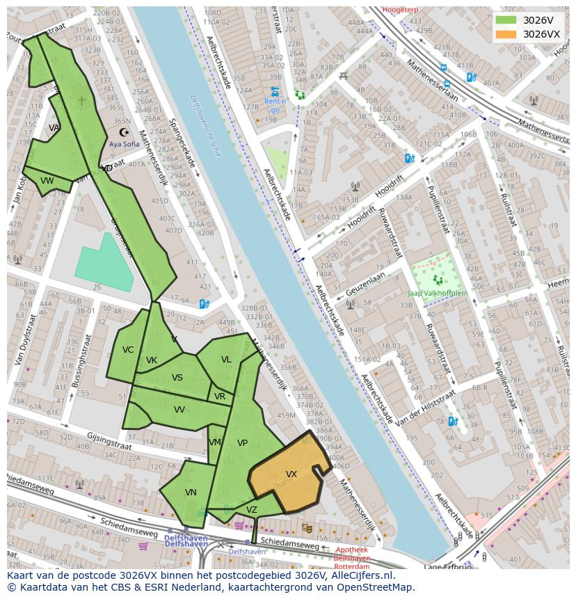 Afbeelding van het postcodegebied 3026 VX op de kaart.