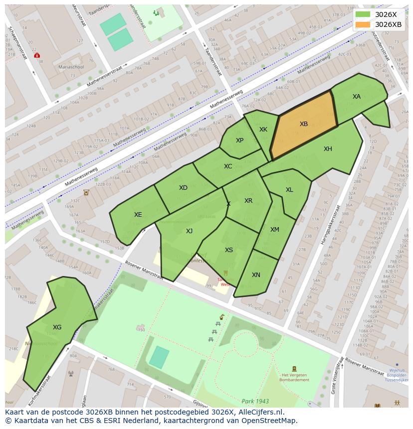 Afbeelding van het postcodegebied 3026 XB op de kaart.