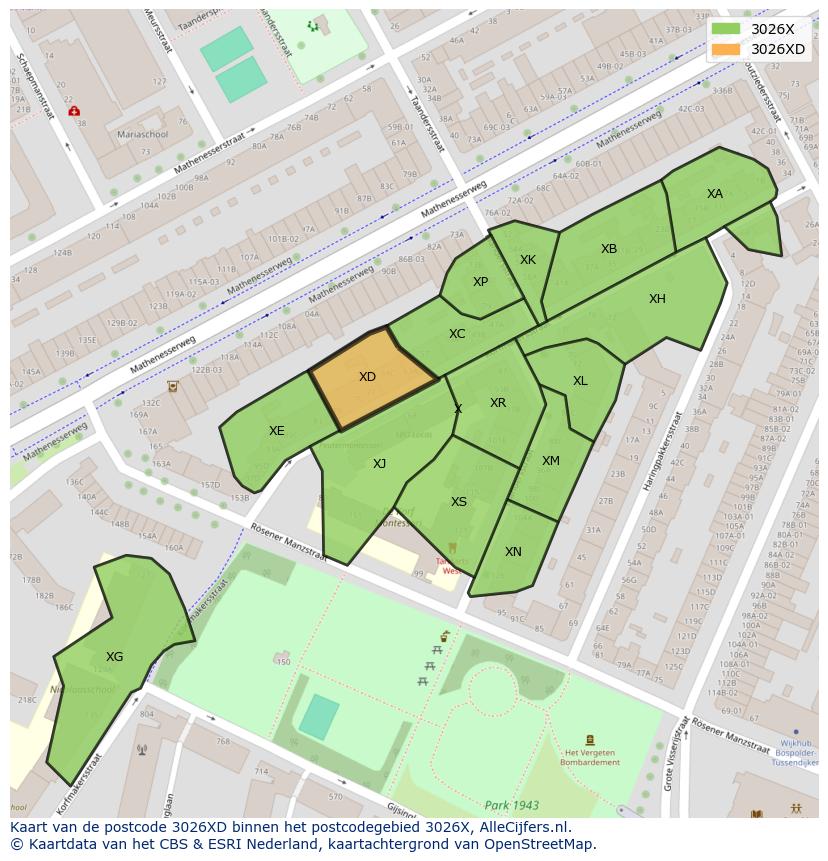Afbeelding van het postcodegebied 3026 XD op de kaart.