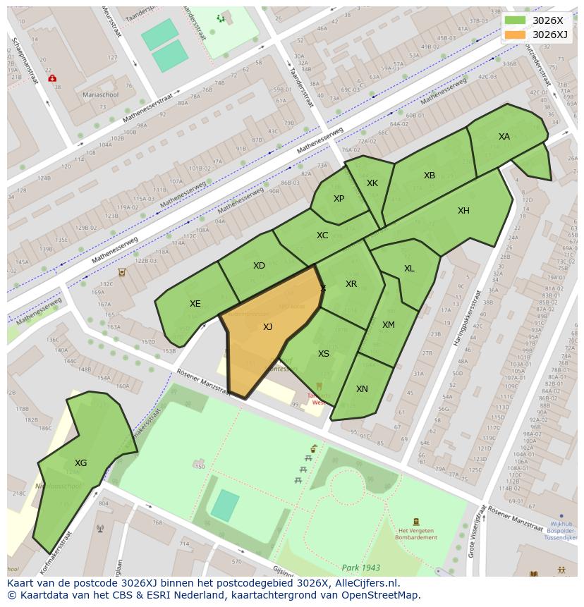 Afbeelding van het postcodegebied 3026 XJ op de kaart.