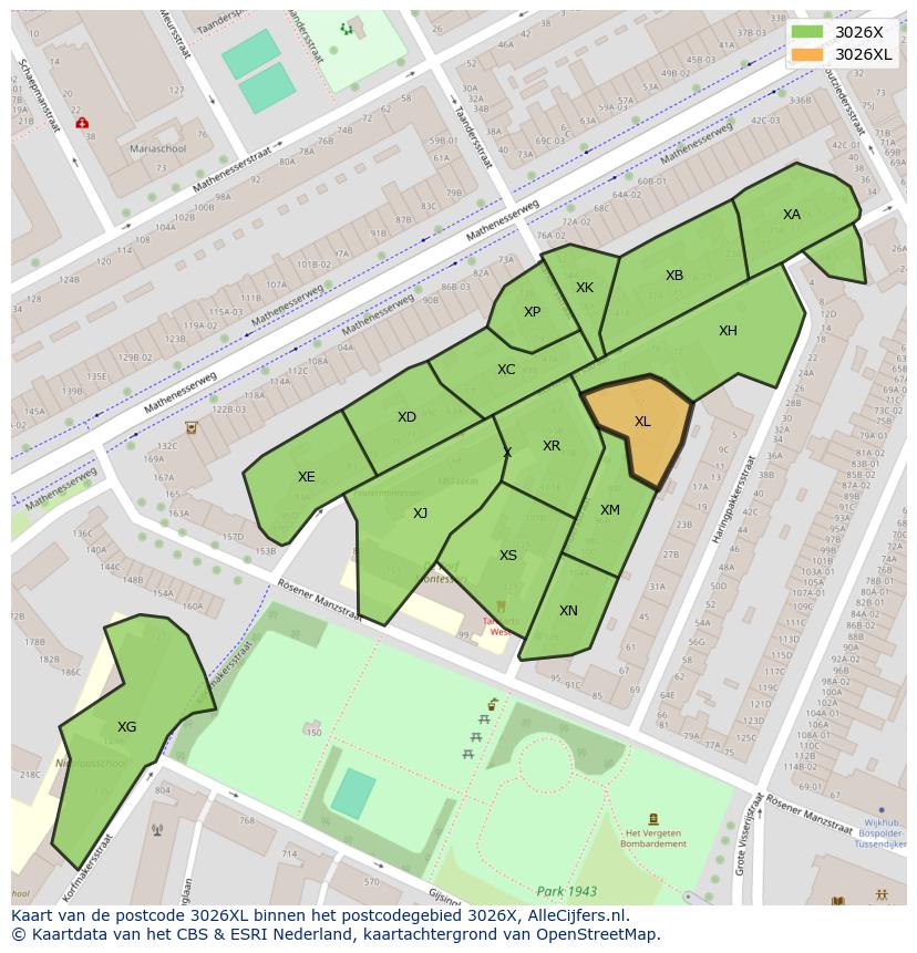 Afbeelding van het postcodegebied 3026 XL op de kaart.
