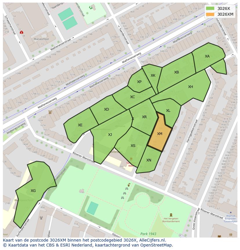 Afbeelding van het postcodegebied 3026 XM op de kaart.