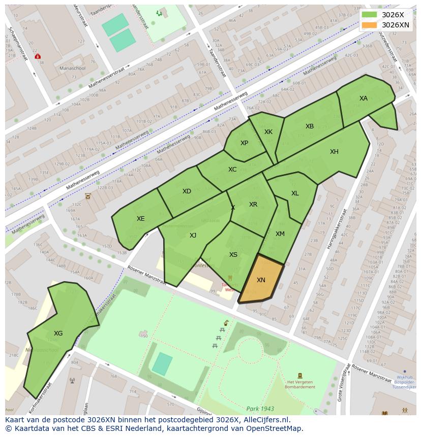 Afbeelding van het postcodegebied 3026 XN op de kaart.