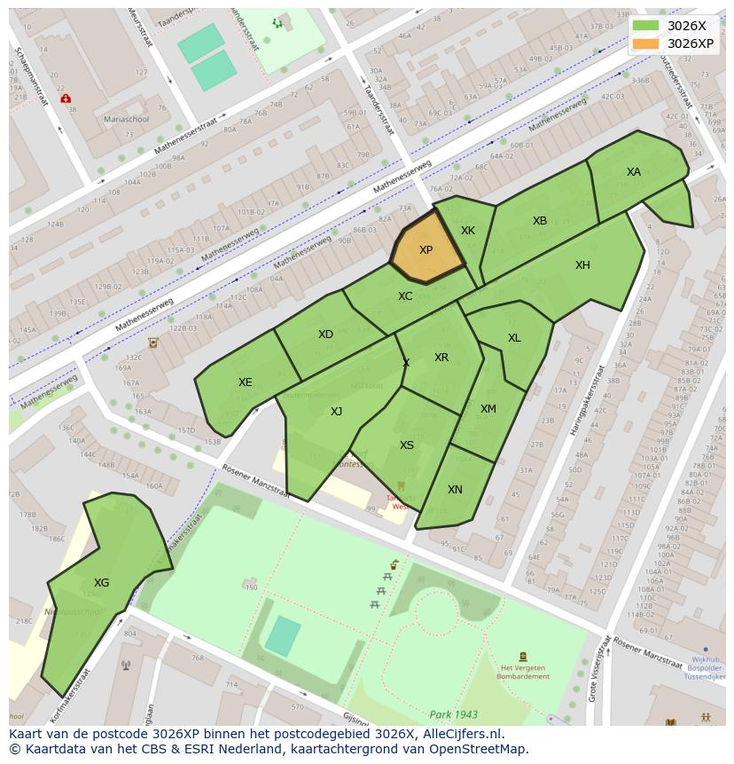 Afbeelding van het postcodegebied 3026 XP op de kaart.