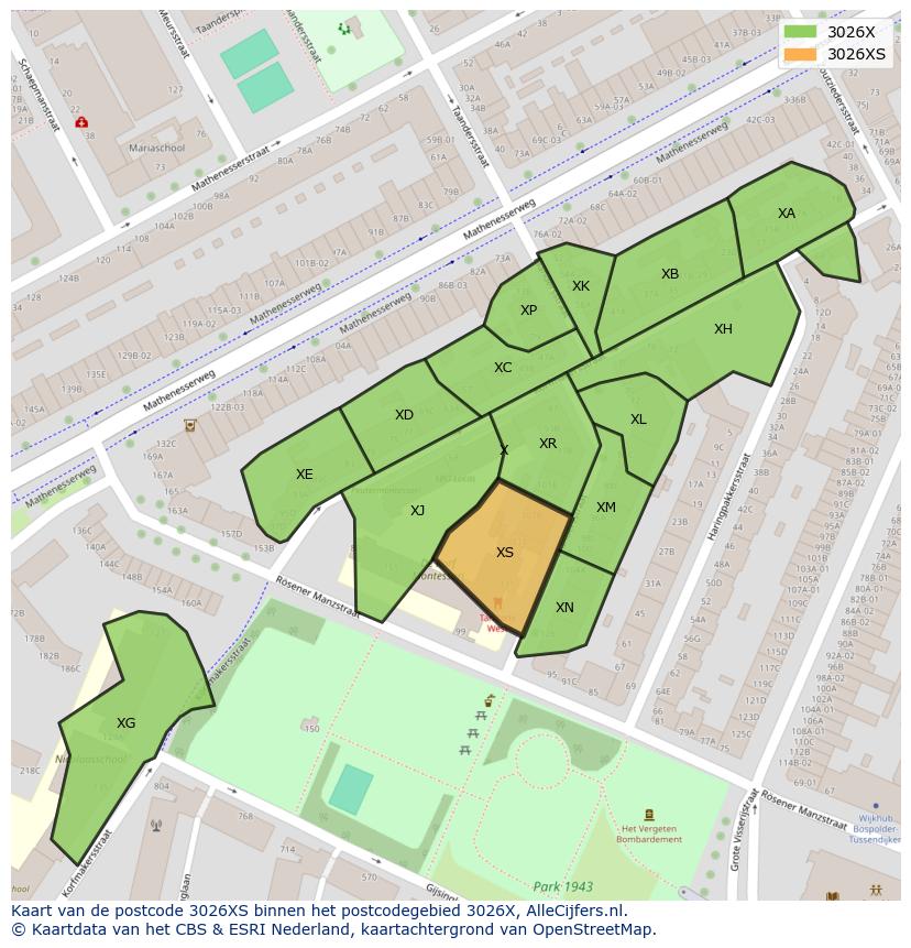 Afbeelding van het postcodegebied 3026 XS op de kaart.