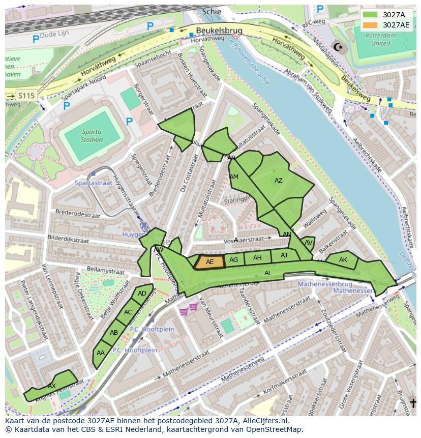 Afbeelding van het postcodegebied 3027 AE op de kaart.