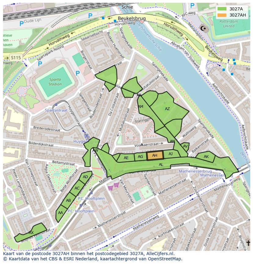 Afbeelding van het postcodegebied 3027 AH op de kaart.