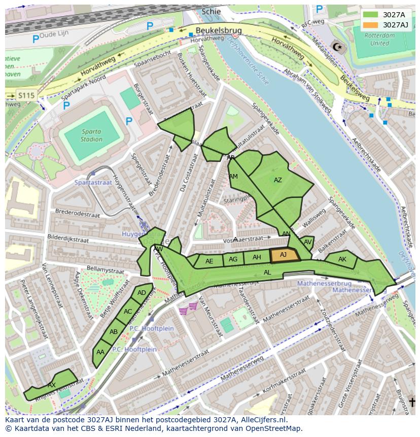 Afbeelding van het postcodegebied 3027 AJ op de kaart.