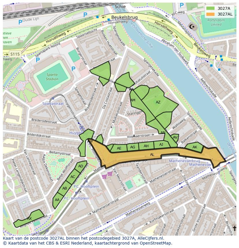 Afbeelding van het postcodegebied 3027 AL op de kaart.