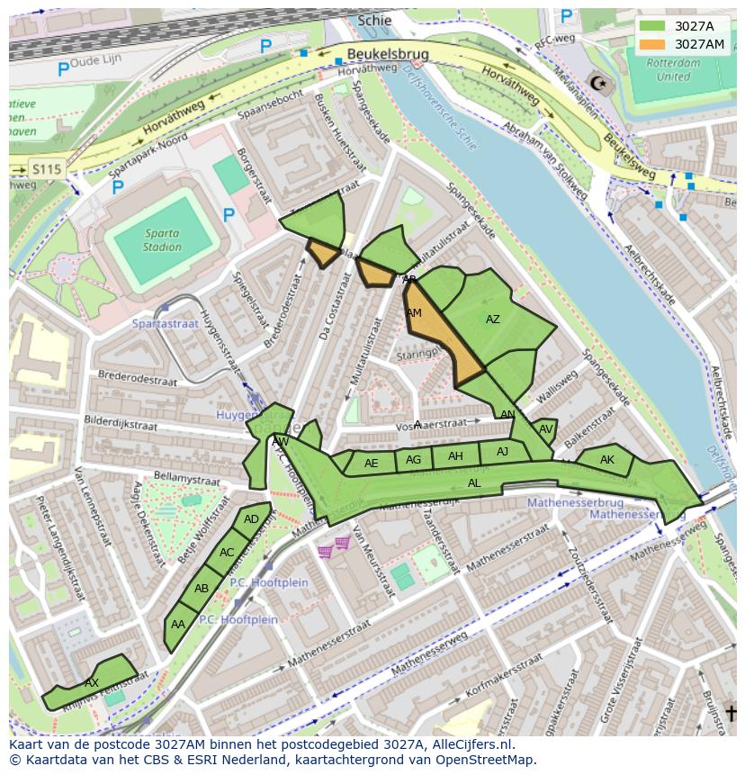 Afbeelding van het postcodegebied 3027 AM op de kaart.