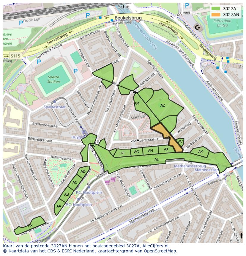 Afbeelding van het postcodegebied 3027 AN op de kaart.