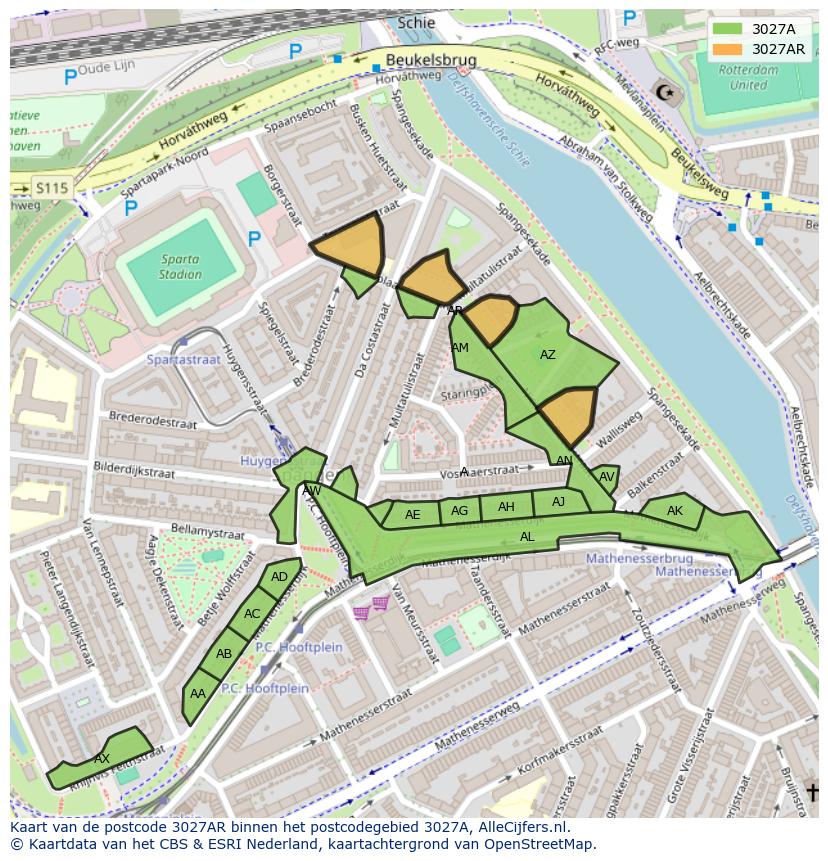 Afbeelding van het postcodegebied 3027 AR op de kaart.