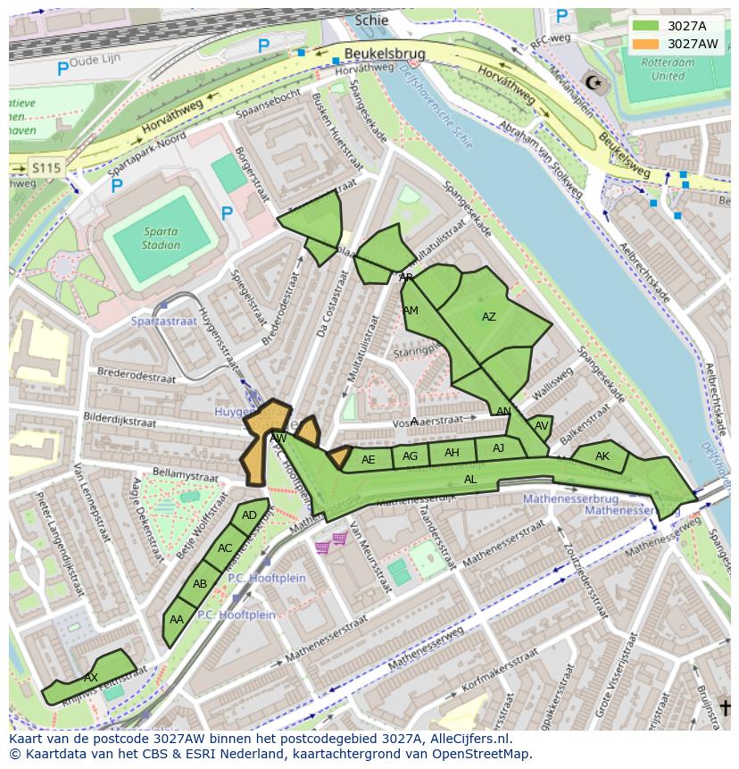 Afbeelding van het postcodegebied 3027 AW op de kaart.