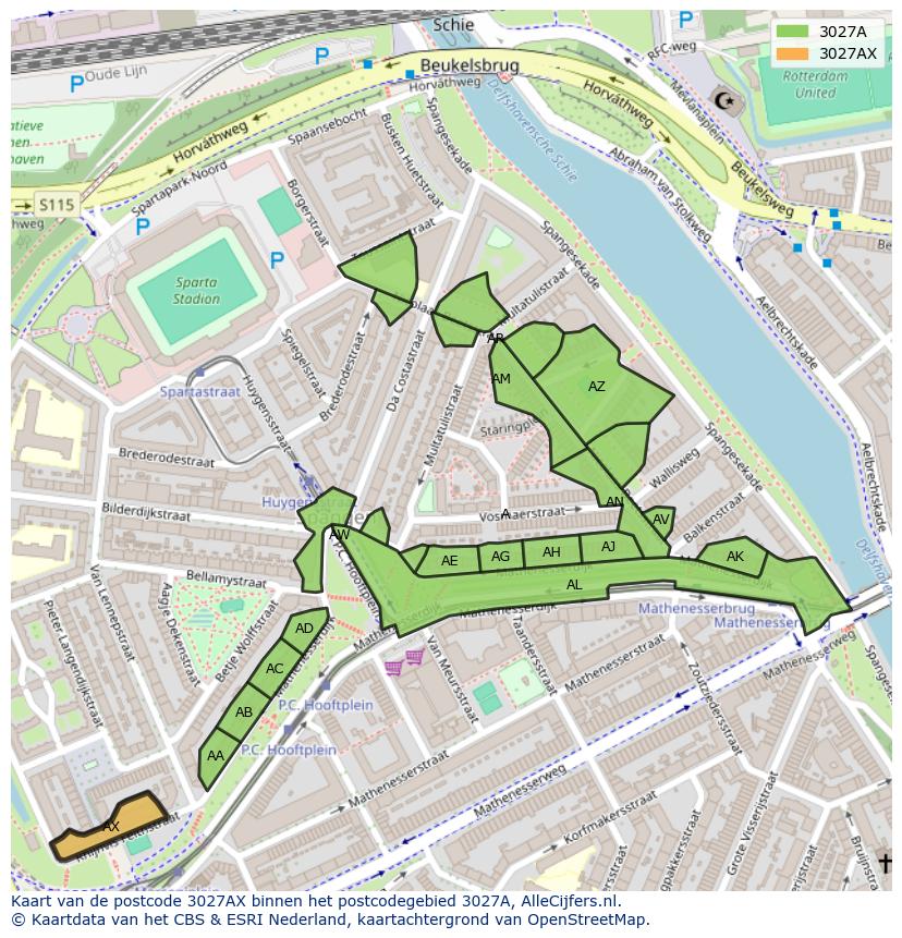 Afbeelding van het postcodegebied 3027 AX op de kaart.
