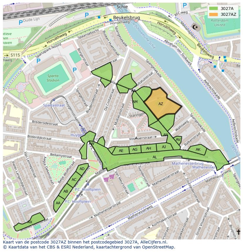 Afbeelding van het postcodegebied 3027 AZ op de kaart.