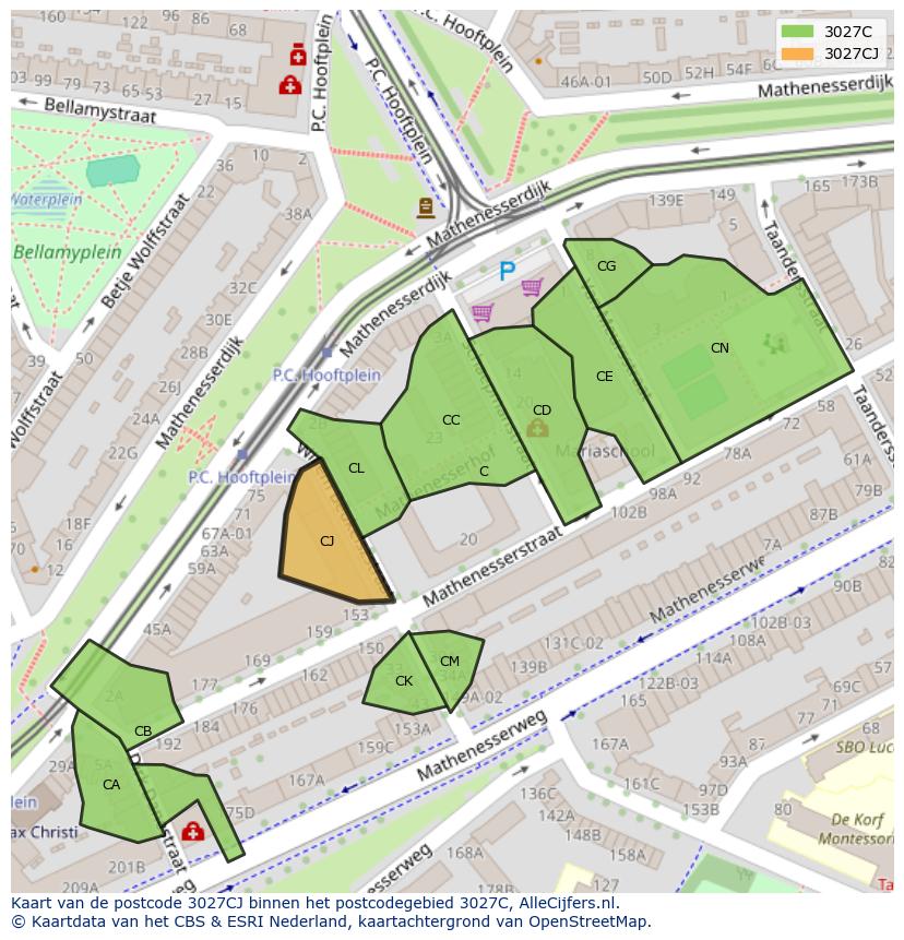 Afbeelding van het postcodegebied 3027 CJ op de kaart.