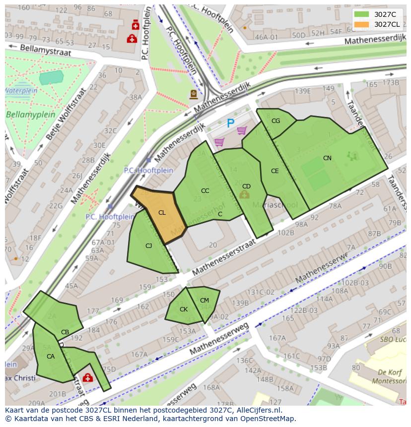 Afbeelding van het postcodegebied 3027 CL op de kaart.