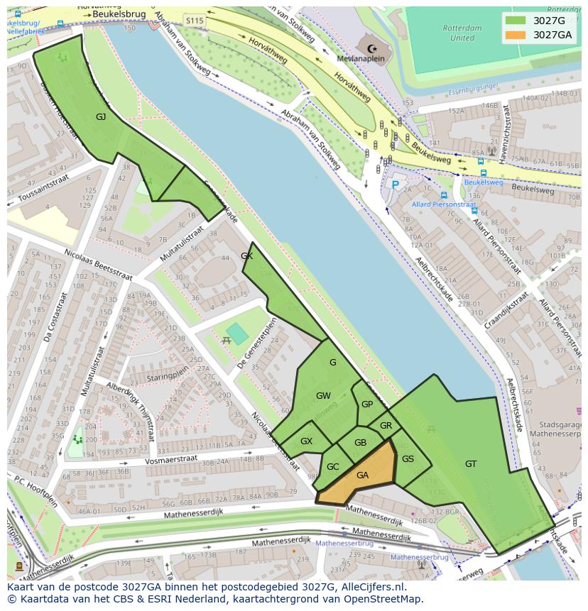 Afbeelding van het postcodegebied 3027 GA op de kaart.