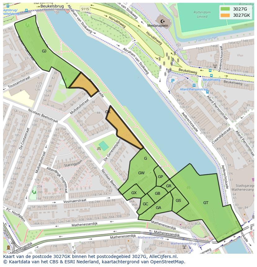 Afbeelding van het postcodegebied 3027 GK op de kaart.