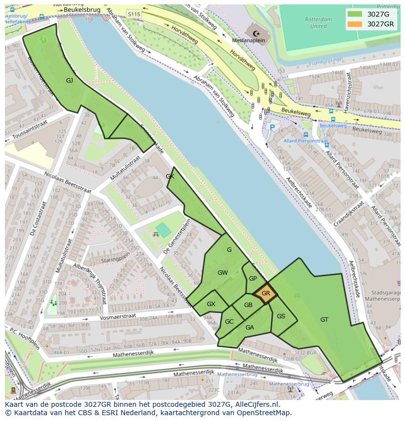 Afbeelding van het postcodegebied 3027 GR op de kaart.