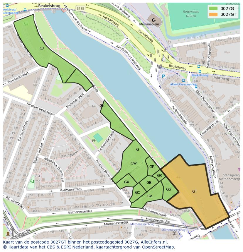 Afbeelding van het postcodegebied 3027 GT op de kaart.
